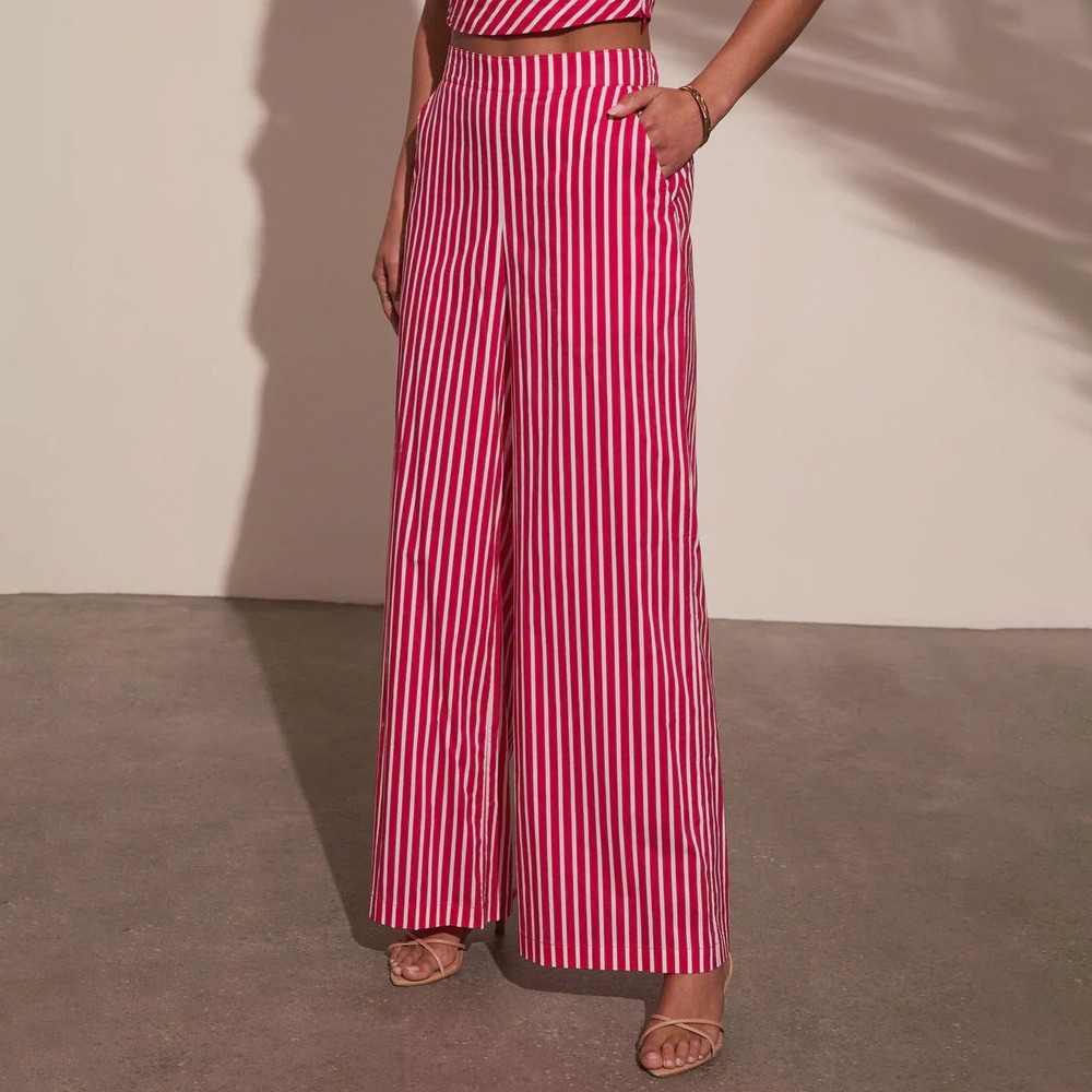 By Together Red White Striped Wide Leg Pants Womens Medium Elastic Waist Pockets